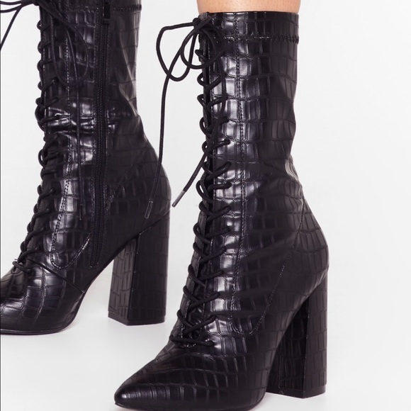 Croc Block Heel Lace Up Boots in Faux Leather - Picture 1 of 4